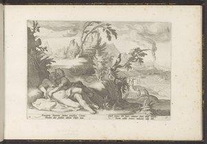 Corvus łapie dziewczynę Coronis Metamorfozy Owidiusza (tytuł serii) Odtworzenia P. Ovidiusa Naso (tytuł serii) autorstwa Hendrick Goltzius (workshop of)