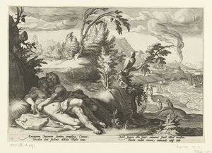 Corvus łapie dziewczynę Coronis Metamorfozy Owidiusza (tytuł serii) autorstwa Hendrick Goltzius (workshop of)