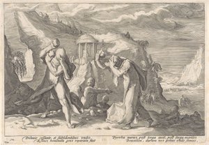 Deucalion i Pyrrha tworzą nową rasę ludzką Metamorfozy Owidiusza (tytuł serii) autorstwa Hendrick Goltzius (workshop of)