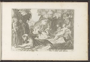 Diana odkrywa ciążę Callisto . Metamorfozy Owidiusza (tytuł serii) Odtworzenia P. Ovidiusa Naso (tytuł serii) autorstwa Hendrick Goltzius (workshop of)