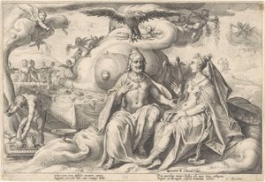 Dyskusja między Jowiszem a Juno Metamorfozy Owidiusza (tytuł serii) autorstwa Hendrick Goltzius (workshop of)