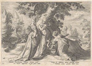 Córki Cecropsa otwierają kosz Minerwy . Metamorfozy Owidiusza (tytuł serii) autorstwa Hendrick Goltzius (workshop of)