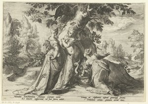 Córki Cecropsa otwierają kosz Minerwy . Metamorfozy Owidiusza (tytuł serii) autorstwa Hendrick Goltzius (workshop of)