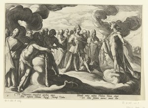 Bogowie proszą boga słońca, aby ponownie jeździł jego rydwanem Metamorfozy Owidiusza (tytuł serii) autorstwa Hendrick Goltzius (workshop of)
