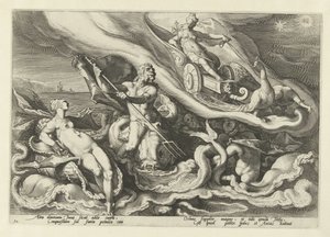Juno skarży się Tetydzie i Oceanusowi Metamorfozy Owidiusza (tytuł serii) autorstwa Hendrick Goltzius (workshop of)