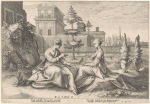 Juno zbliża się do Semele w przebraniu Beroe Metamorfozy Owidiusza (tytuł serii) autorstwa Hendrick Goltzius (workshop of)
