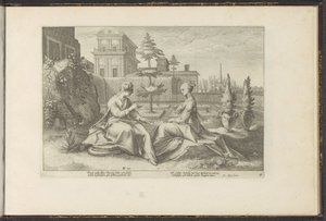 Juno zbliża się do Semele w przebraniu Beroe Metamorfozy Owidiusza (tytuł serii) Odtworzenia P. Ovidiusa Naso (tytuł serii) autorstwa Hendrick Goltzius (workshop of)