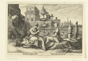 Juno zbliża się do Semele w przebraniu Beroe Metamorfozy Owidiusza (tytuł serii) autorstwa Hendrick Goltzius (workshop of)