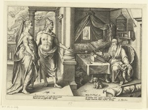 Juno i Jupiter konsultują się z Tiresias Metamorfozy Owidiusza (tytuł serii) autorstwa Hendrick Goltzius (workshop of)