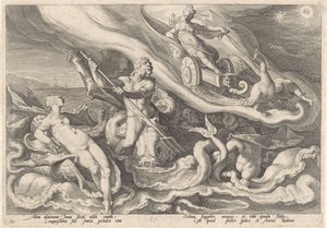 Juno skarży się Tetydzie i Oceanusowi Metamorfozy Owidiusza (tytuł serii) autorstwa Hendrick Goltzius (workshop of)