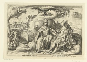 Jowisz i Junona dyskutują, która z płci ma większą żądzę miłości Metamorfozy Owidiusza (tytuł serii) autorstwa Hendrick Goltzius (workshop of)