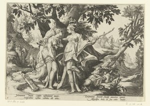 Jowisz uwodzi Callisto pod postacią Diany Metamorfozy Owidiusza (tytuł serii) autorstwa Hendrick Goltzius (workshop of)