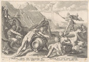Neptun rozkazuje bogom rzeki wywołać powódź Metamorfozy Owidiusza (tytuł serii) autorstwa Hendrick Goltzius (workshop of)