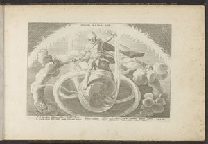 Porządek w chaosie Stworzenie czterech żywiołów Ovidii Metam. lib. I (tytuł na przedmiocie) Metamorfozy Owidiusza (tytuł serii) Odtworzenia P. Ovidiusa Naso (tytuł serii) autorstwa Hendrick Goltzius (workshop of)