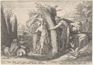 Pan en Syrigs Przekształcony van Ovid (tytuł serii) autorstwa Hendrick Goltzius (workshop of)