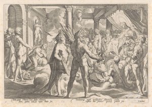 Phaethon pyta Apolla, czy może jeździć swoim rydwanem Metamorfozy Owidiusza (tytuł serii) autorstwa Hendrick Goltzius (workshop of)