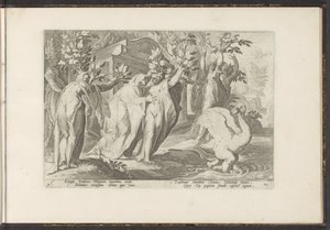 Siostry Phaethona zamieniają się w topole, a jego przyjaciel w łabędzia Metamorfozy Owidiusza (tytuł serii) Odtworzenia P. Ovidiusa Naso (tytuł serii) autorstwa Hendrick Goltzius (workshop of)
