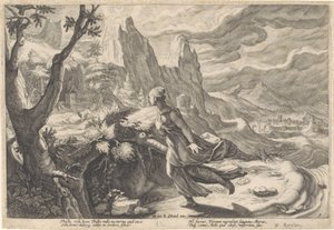 Thisbe ucieka przed lwicą Metamorfozy Owidiusza (tytuł serii) autorstwa Hendrick Goltzius (workshop of)