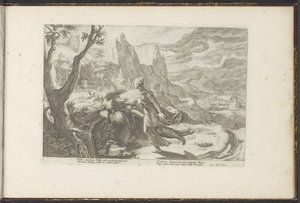Thisbe ucieka przed lwem Metamorfozy Owidiusza (tytuł serii) Odtworzenia P. Ovidiusa Naso (tytuł serii) autorstwa Hendrick Goltzius (workshop of)