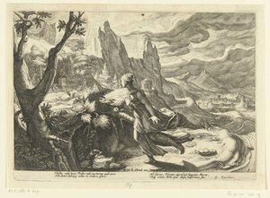 Thisbe ucieka przed lwem Metamorfozy Owidiusza (tytuł serii) autorstwa Hendrick Goltzius (workshop of)