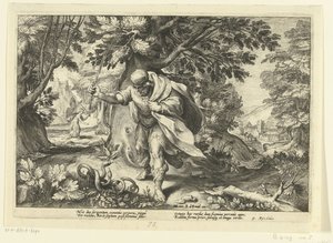 Terezjasz uderza w dwa parujące się węże Metamorfozy Owidiusza (tytuł serii) autorstwa Hendrick Goltzius (workshop of)