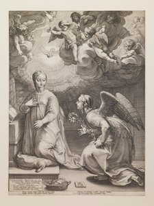 Zwiastowanie, z serii „Życie Marii Dziewicy” autorstwa Hendrick Goltzius