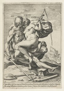 Praca i przemysł (praca / diligentia) Nagroda pracy, pracowitości, praktyki i sztuki (tytuł serii) autorstwa Hendrick Goltzius