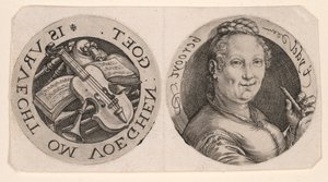 Popiersie kobiety trzymającej flet i instrumenty muzyczne na jednym arkuszu autorstwa Hendrick Goltzius