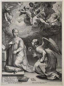 Zwiastowanie Wczesne życie Maryi (tytuł serii) Arcydzieła (tytuł serii) autorstwa Hendrick Goltzius
