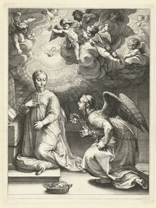 Zwiastowanie Wczesne życie Maryi (tytuł serii) Arcydzieła (tytuł serii) autorstwa Hendrick Goltzius