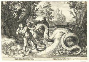 Smok pożera towarzyszy Kadmosa autorstwa Hendrick Goltzius