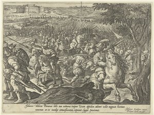 Zasadzka na Giovanniego Medyceusza udaremniona Historia Giovanniego de” Medici (zwanego „dalle Bande Nere”) (tytuł serii) autorstwa Hendrick Goltzius