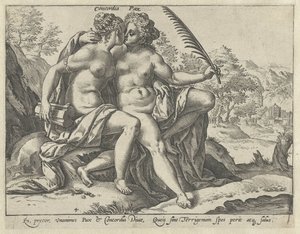Jedność i pokój (Concordia / Pax) Zjednoczone cnoty (tytuł serii) autorstwa Hendrick Goltzius
