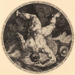 Upadek Tantala, plansza 1 z cyklu „Czterej szturmujący niebo" autorstwa Hendrick Goltzius