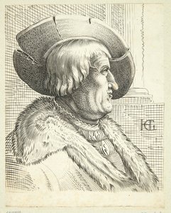 Fantasy portret starego mężczyzny w kapeluszu w profilu autorstwa Hendrick Goltzius