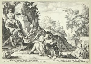 Bóg rzeki Peneus otoczony innymi boskimi postaciami autorstwa Hendrick Goltzius