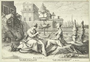 Juno przebrana za Beroe ostrzega Semele autorstwa Hendrick Goltzius