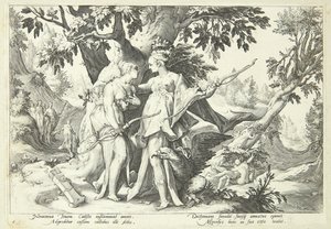 Jupiter przebrany za Dianę uwodzi Kallisto autorstwa Hendrick Goltzius