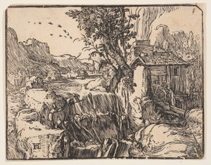 Krajobraz z wodospadem autorstwa Hendrick Goltzius