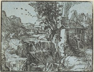 Krajobraz z Wodospadem, z Czterech Małych Krajobrazów autorstwa Hendrick Goltzius