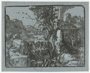 Krajobraz z wodospadem Cztery małe pejzaże (tytuł serii) autorstwa Hendrick Goltzius