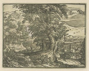 Krajobraz z siedzącą parą Cztery małe pejzaże (tytuł serii) autorstwa Hendrick Goltzius