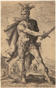 Mucius Scaevola, arkusz 3 z serii „Rzymscy bohaterowie” autorstwa Hendrick Goltzius