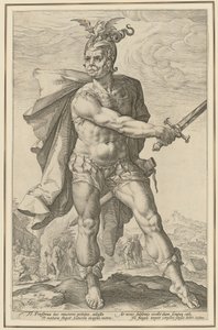 Mucius Scaevola, arkusz 3 z serii „Rzymscy bohaterowie” autorstwa Hendrick Goltzius