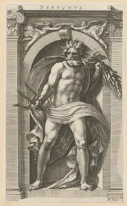Neptun, arkusz 2 z serii „Osiem starożytnych bóstw” autorstwa Hendrick Goltzius