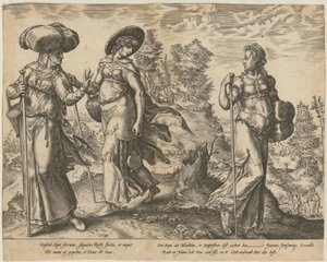 Orpa opuszcza Rut i Noemi [strona 1] oraz Rut na polu przed Boazem [strona 2], strony 1 i 2 serii „Historia Rut” autorstwa Hendrick Goltzius