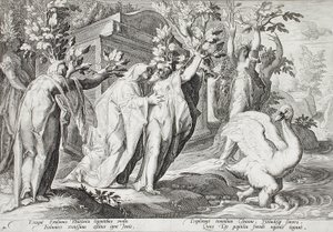 Siostry Faetona przemienione w topole, a Cygnus w łabędzia autorstwa Hendrick Goltzius