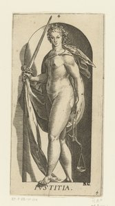 Sprawiedliwość Iustitia (tytuł na obiekcie) Siedem cnót (tytuł serii) autorstwa Hendrick Goltzius