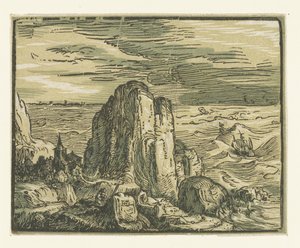 Skała na wybrzeżu Cztery małe pejzaże (tytuł serii) autorstwa Hendrick Goltzius