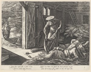 Rut i Boaz w spichlerzu Historia Rut (tytuł serii) autorstwa Hendrick Goltzius